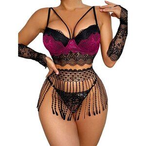 SEXY Cami Burgundy Lingerie Tassel Woven Strappy Exotic Set Padded Lace Romantic